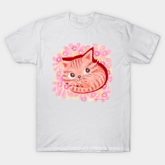 Pink kitten in a field of flowers T-Shirt by sanogawa